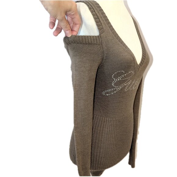 Guess | Taupe Brown Cold Shoulder Sweater Y2K Rhinestone Embellished | Medium - Picture 3 of 12